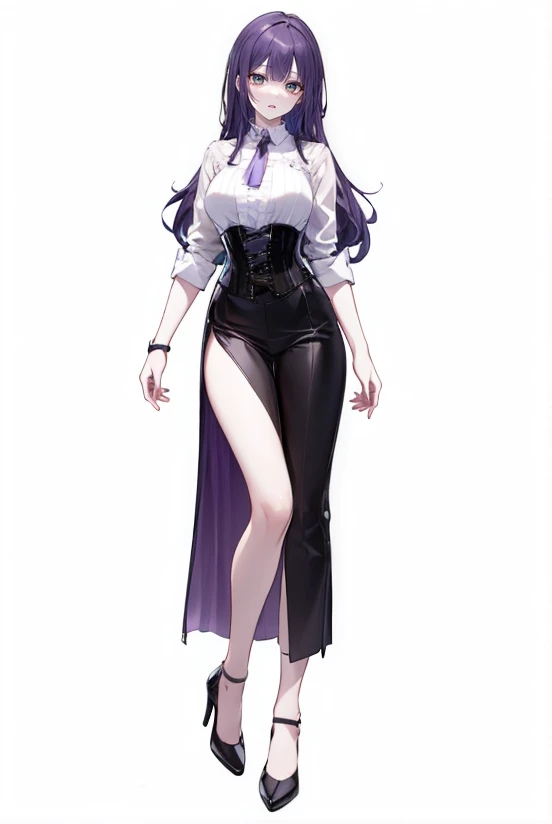 purple,long hair,woman,(corset),Shirt with rolled up sleeves,((Roll up your sleeves)),high heels,,simple background,smile,whole body,full body,full body,Standing picture,vtuber,upright,,Standing upright with face and body facing forward,