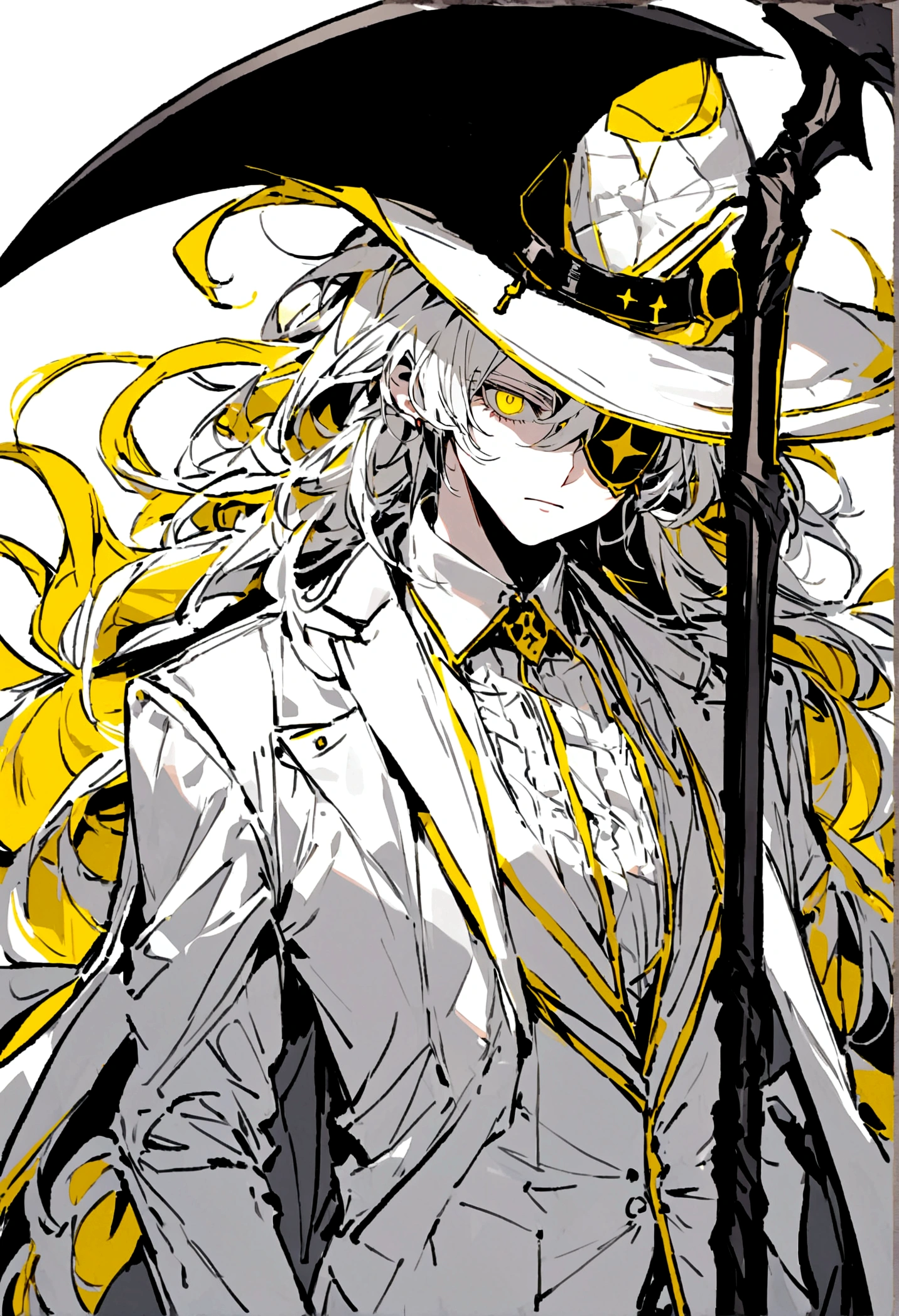 Hair style, eyes closed, white hair, wearing a white suit with yellow highlights, wearing an eye patch, red and white headphones. He held a death scythe and had two lights beside him. He wore a white witch's hat.