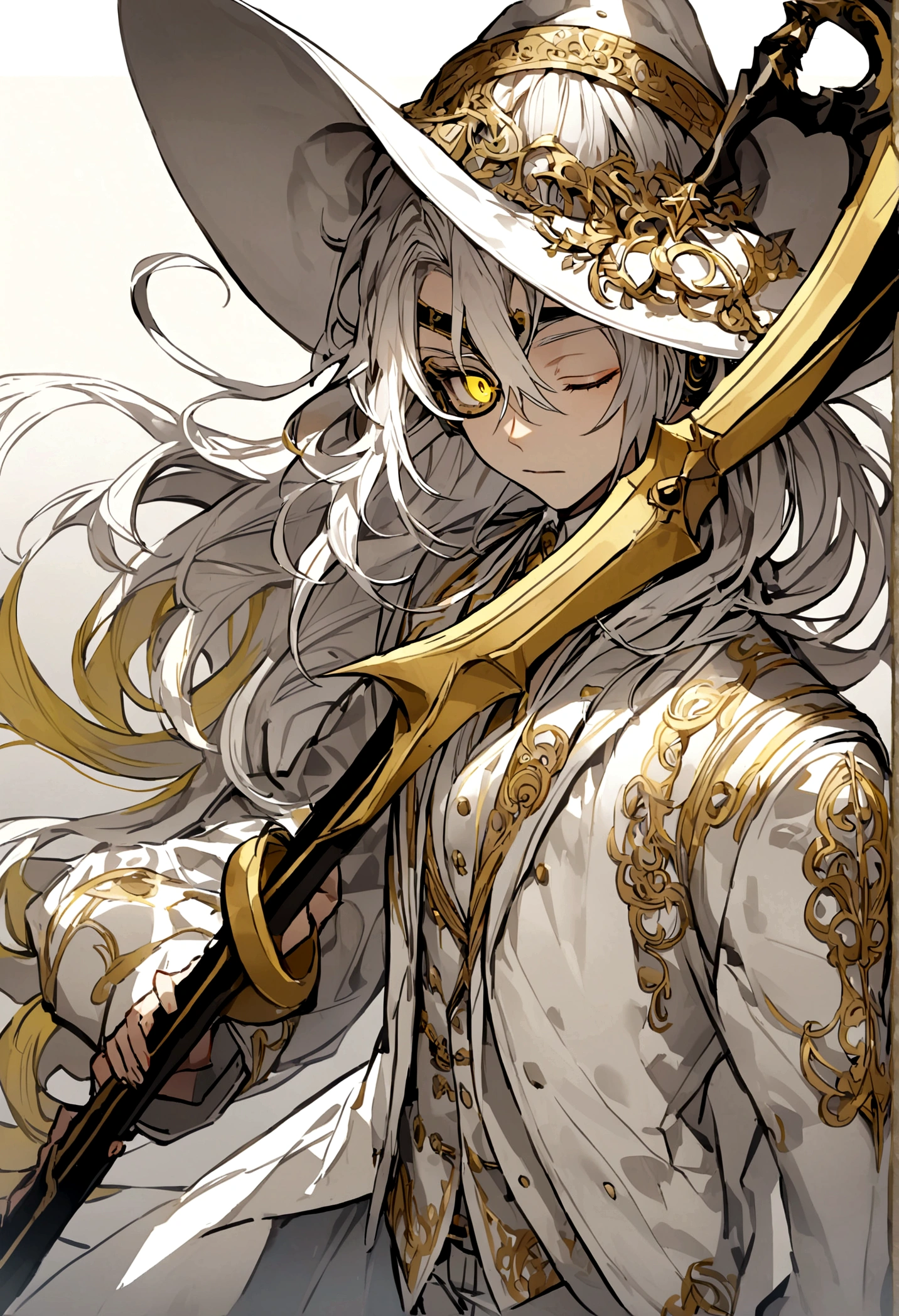 Hair style, eyes closed, white hair, wearing a white suit with yellow highlights, wearing an eye patch, red and white headphones. He held a death scythe and had two lights beside him. He wore a white witch's hat.