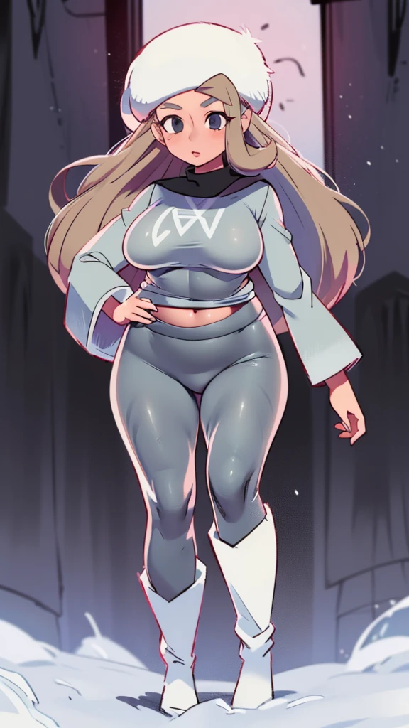 A girl from Russia, Asian, sexy, beautiful, cute, big breast, long wavy dark blonde hair, her round gray eye, thin eyelash, black pink lip, soft cheeks, she dresses in a dark gray top, long sleeves, shows a navel and a pair of short gray pants, a pair of polar blue socks, a black snow boot. 