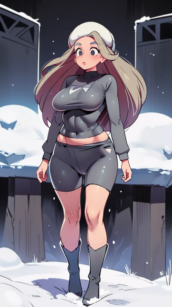 A girl from Russia, Asian, sexy, beautiful, cute, big breast, long wavy dark blonde hair, her round gray eye, thin eyelash, black pink lip, soft cheeks, she dresses in a dark gray top, long sleeves, shows a navel and a pair of short gray pants, a pair of polar blue socks, a black snow boot. 