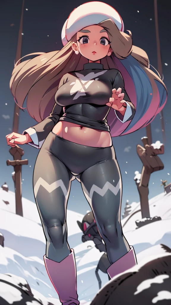 A girl from Russia, Asian, sexy, beautiful, cute, big breast, long wavy dark blonde hair, her round gray eye, thin eyelash, black pink lip, soft cheeks, she dresses in a dark gray top, long sleeves, shows a navel and a pair of short gray pants, a pair of polar blue socks, a black snow boot. 