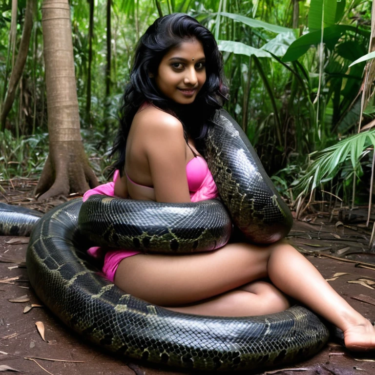  Topless  pink thong wearing aroused horny beautiful happy indian   girl  vs  Giant black anaconda    monster wrapped around her body squeezing her in coiled embrace cuddling and kissing  sexual erotic bestiality  sex  realistic in the rainforest full body, best quality wet 