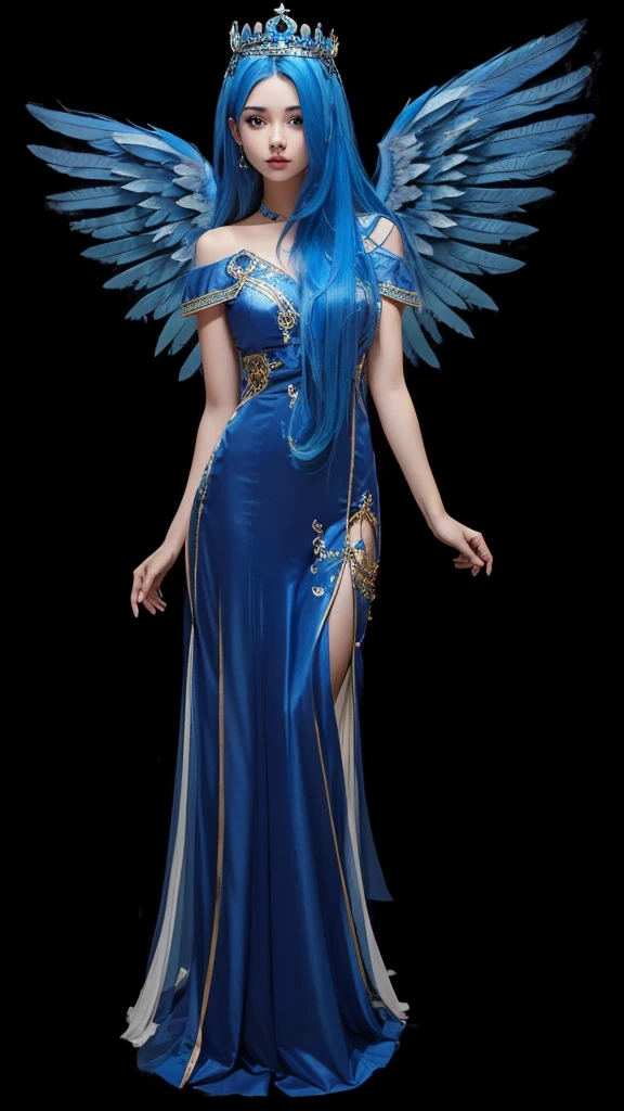 A very beautiful girl in full body, with straight blue hair, with a long blue dress, with blue wings and wearing a crown on her head.