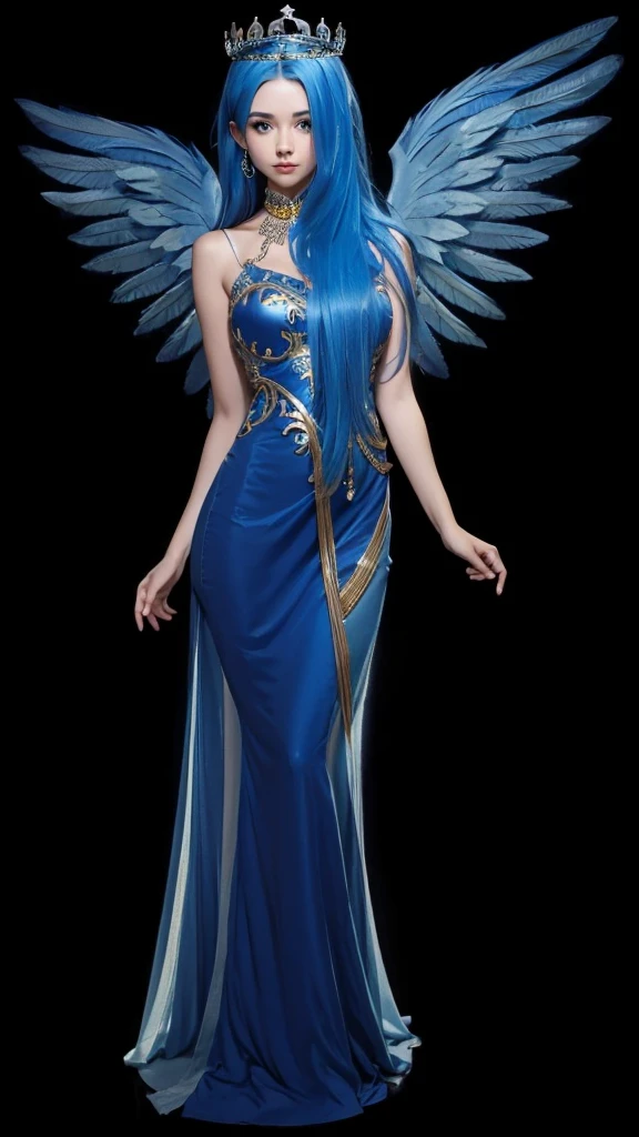 A very beautiful girl in full body, with straight blue hair, with a long blue dress, with blue wings and wearing a crown on her head.