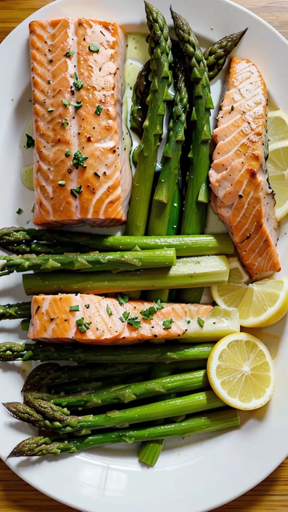 Salmon and Asparagus
Ingredients: Salmon fillet, asparagus, lemon, butter.