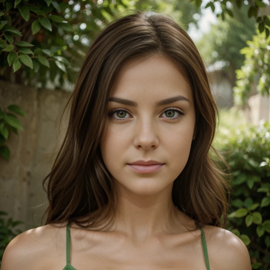 brune ténébreuse cheveux long raide , yeux vert très clair , symétrique , rides d'expression au niveaux des yeux , grosse bouche, nez en trompette, de face