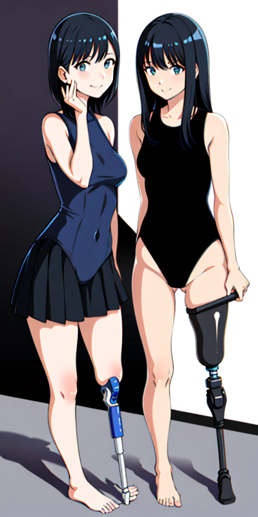 best quality, 2girls, friends, standing, school hall, medium hair, black hair, straight hair, looking at her prosthetic leg, small breasts, (prosthetic leg:1.2), full body, smiling, swimming suit, leotard, dark blue leotard, black blue swimming suit, barefoot.