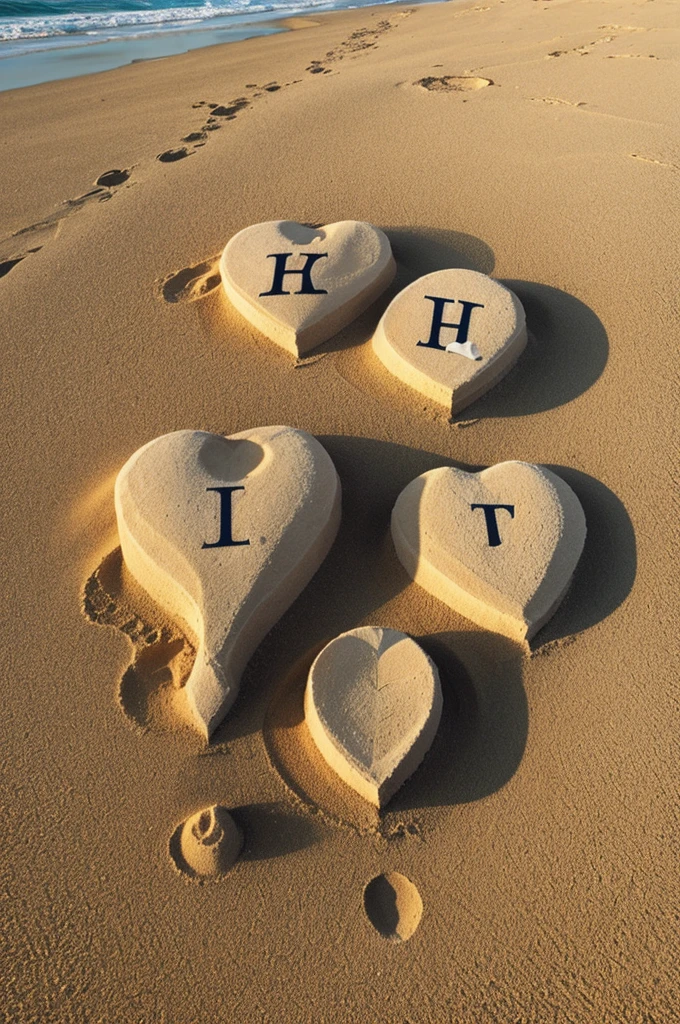 A photo of a couple on the beach with a heart in the sand and initials on it (h &J)