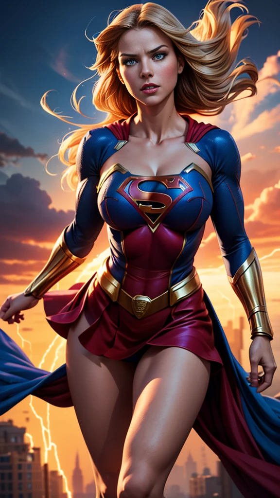 a supergirl flying in the sky, revealing micro costume, barley covered legs and breasts, large breasts, sensual pose, detailed face and eyes, 1girl, photorealistic, ultra-detailed, 8k, high quality, dramatic lighting, vibrant colors, cinematic composition, heroic, powerful