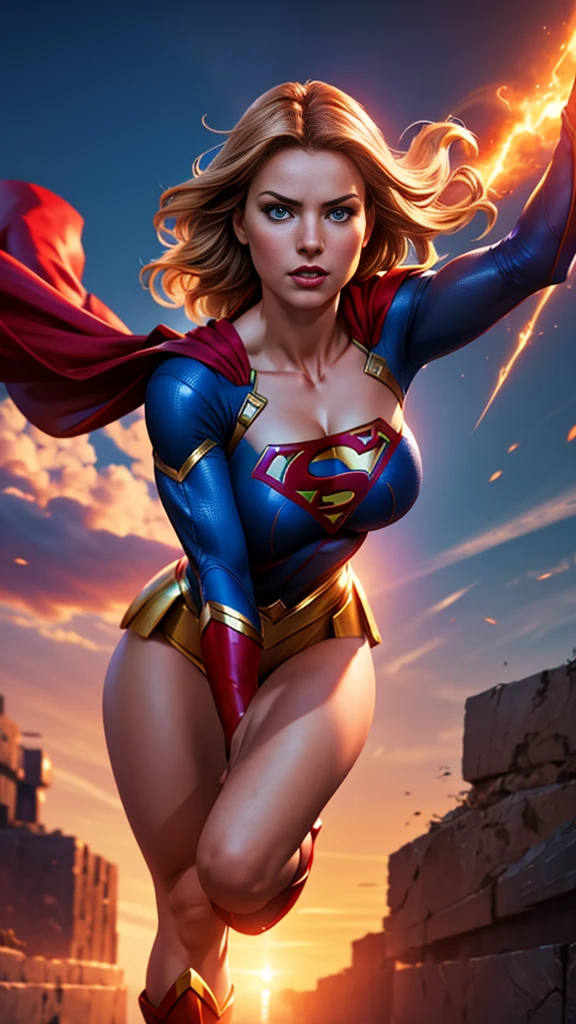 a supergirl flying in the sky, revealing micro costume, barley covered legs and breasts, large breasts, sensual pose, detailed face and eyes, 1girl, photorealistic, ultra-detailed, 8k, high quality, dramatic lighting, vibrant colors, cinematic composition, heroic, powerful