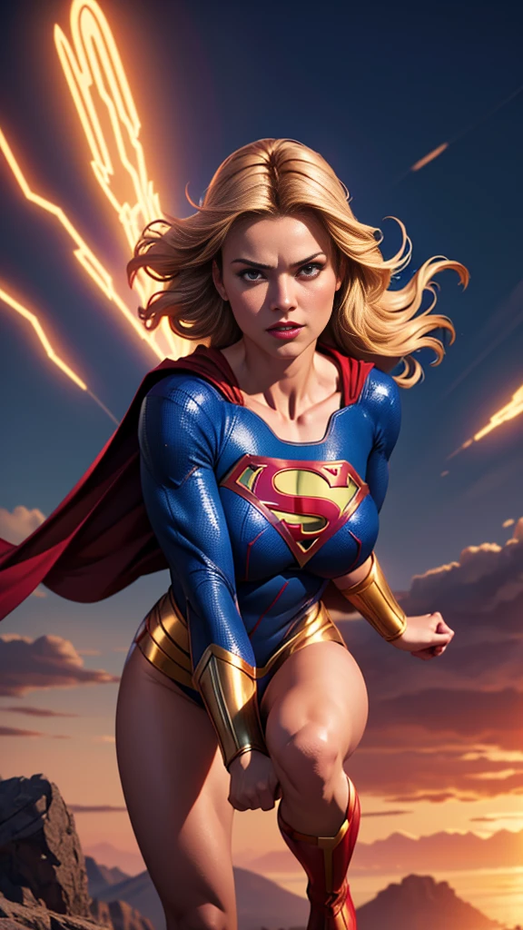 a supergirl flying in the sky, revealing micro costume, barley covered legs and breasts, large breasts, sensual pose, detailed face and eyes, 1girl, photorealistic, ultra-detailed, 8k, high quality, dramatic lighting, vibrant colors, cinematic composition, heroic, powerful