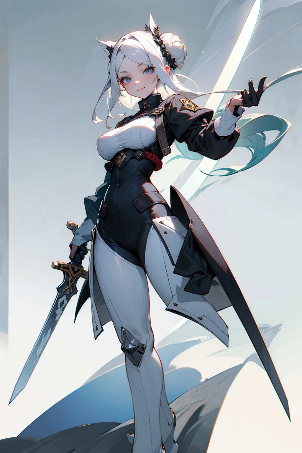 Masterpiece Quality, Perfect Generation, Sclera, Detailed Eyes, Skin, White Hair, Gray Eyes, Pale Skin, Field Background, Facing Viewer, Standing, , Female, Full Body, Fighter Clothing, Sword, Hair In Buns, Attractive, Busty, Crazy Smile, Curvy,