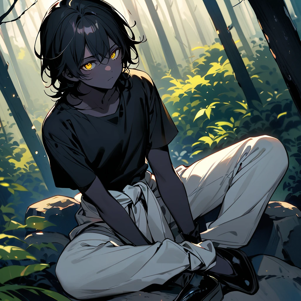 (well done: 1) man, slightly burnt black skin, shoulder-length wavy black hair, yellow eyes, black t-shirt, nails painted black, white pants, blouse wrapped around the waist, black shoes. sitting on a rock in a forest..