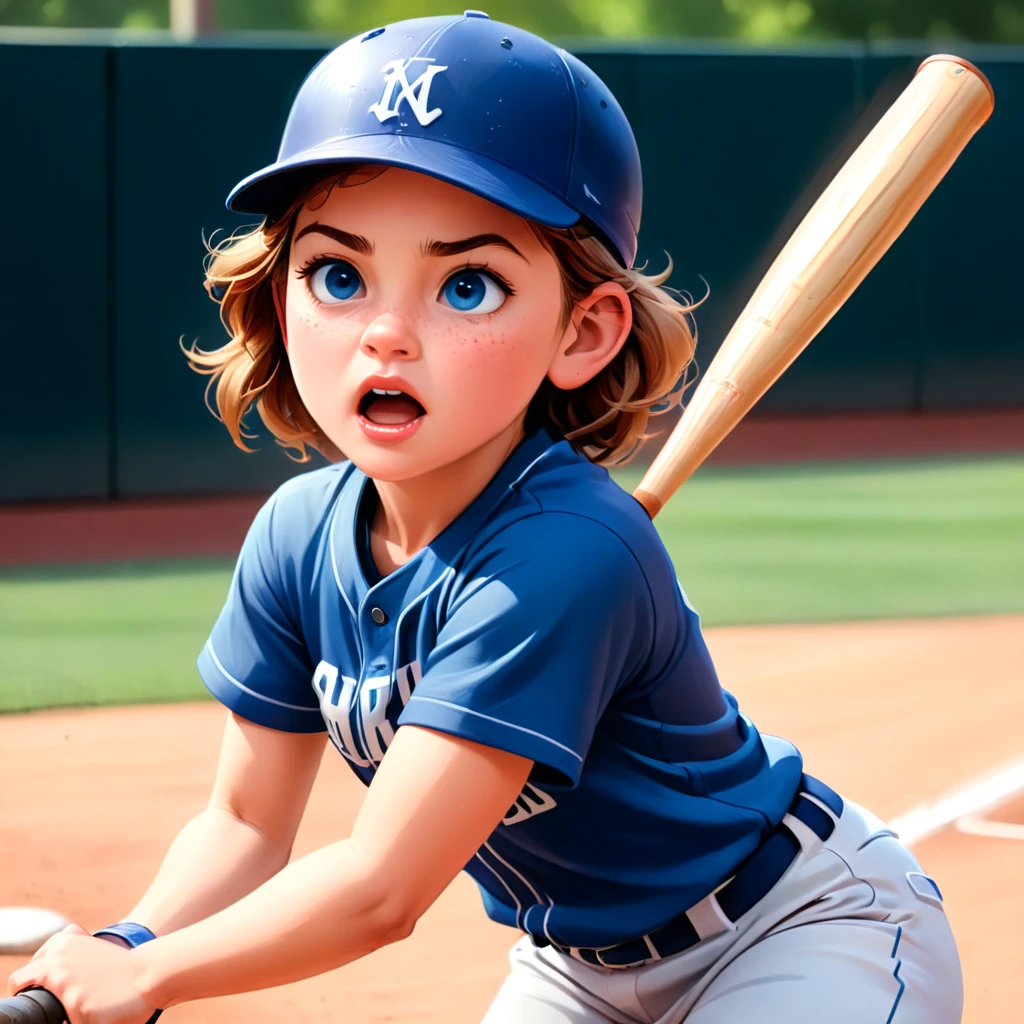 (best quality,4k,8k,highres,masterpiece:1.2),ultra-detailed,(realistic,photorealistic,photo-realistic:1.37),8 year old girl, tomboy, freckles, swinging baseball bat, great effort, determination, frustration, high definition, baseball cap, tongue sticking out, humorous expression, motion blur, detailed face, beautiful detailed eyes, beautiful detailed lips, extremely detailed face, longeyelashes, sports, baseball, outdoors, backyard