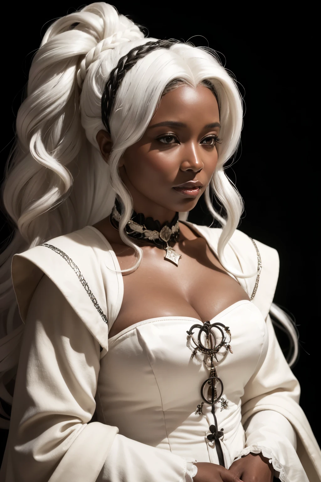 ((best qualityer)), ((work of art)), (detailded), 1 beautiful forty-year-old African-American woman ((dark skin color)) White hair ,long curly hair ,ponytail hair , medieval gown ((torn outfit)) clear lighting, detailed shadows