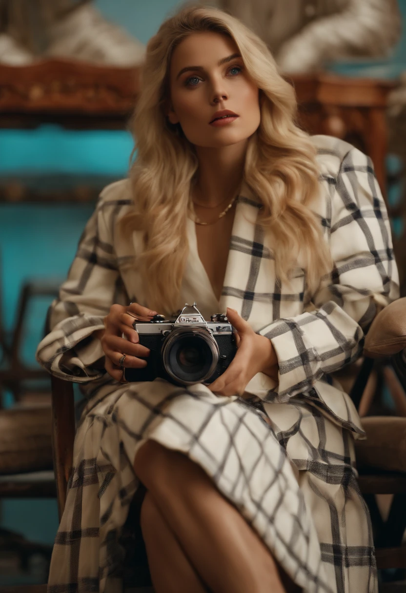 Masterpiece, High quality, Young EMÍLIA CLARKE, Holding a checked long dress, digital camera, White jacket, Blonde, Facing forward, looking at the camera in, full bodyesbian, center of screen