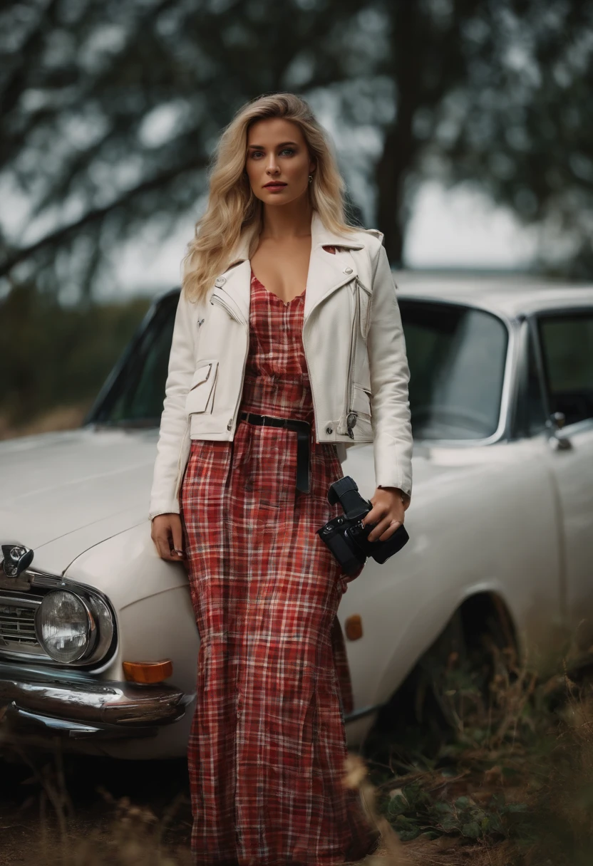 Masterpiece, High quality, Young EMÍLIA CLARKE, Holding a checked long dress, digital camera, White jacket, Blonde, Facing forward, looking at the camera in, full bodyesbian, center of screen