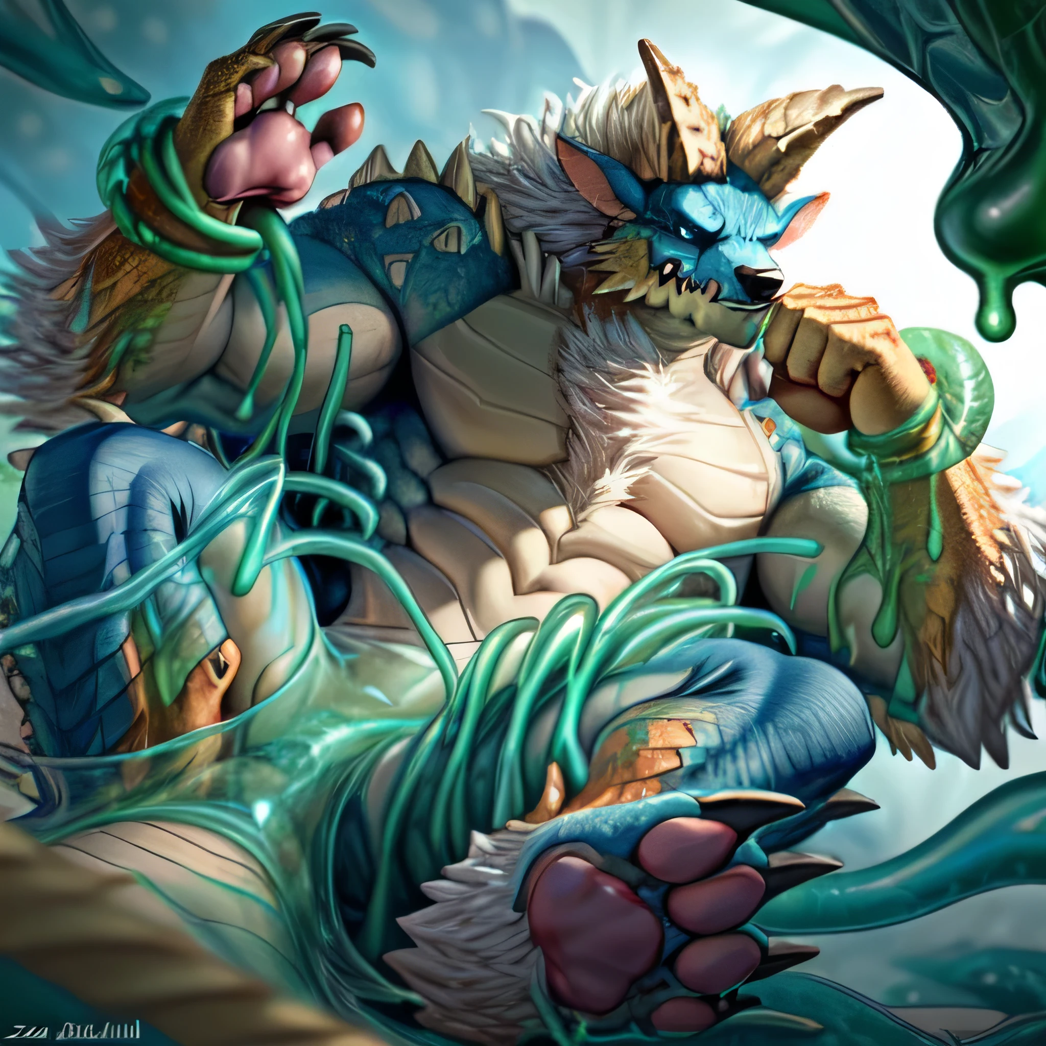 anthropology,(zinogre:1.2),Tail,((whole body,blue eyes, Blue body, White furry, Yellow Hand, Feet, Blue face,4 toes,Tail )),,muscular, whole body, (author：null-ghost,From raccoon21,masterpiece,high quality), Night Fight,((boundary)), rest (((Slime monster uses tentacles to fight dragon))，4 toes，struggle, (pain:1.3)，frown，annoyed, Worry,full body,pawpads,((horns))