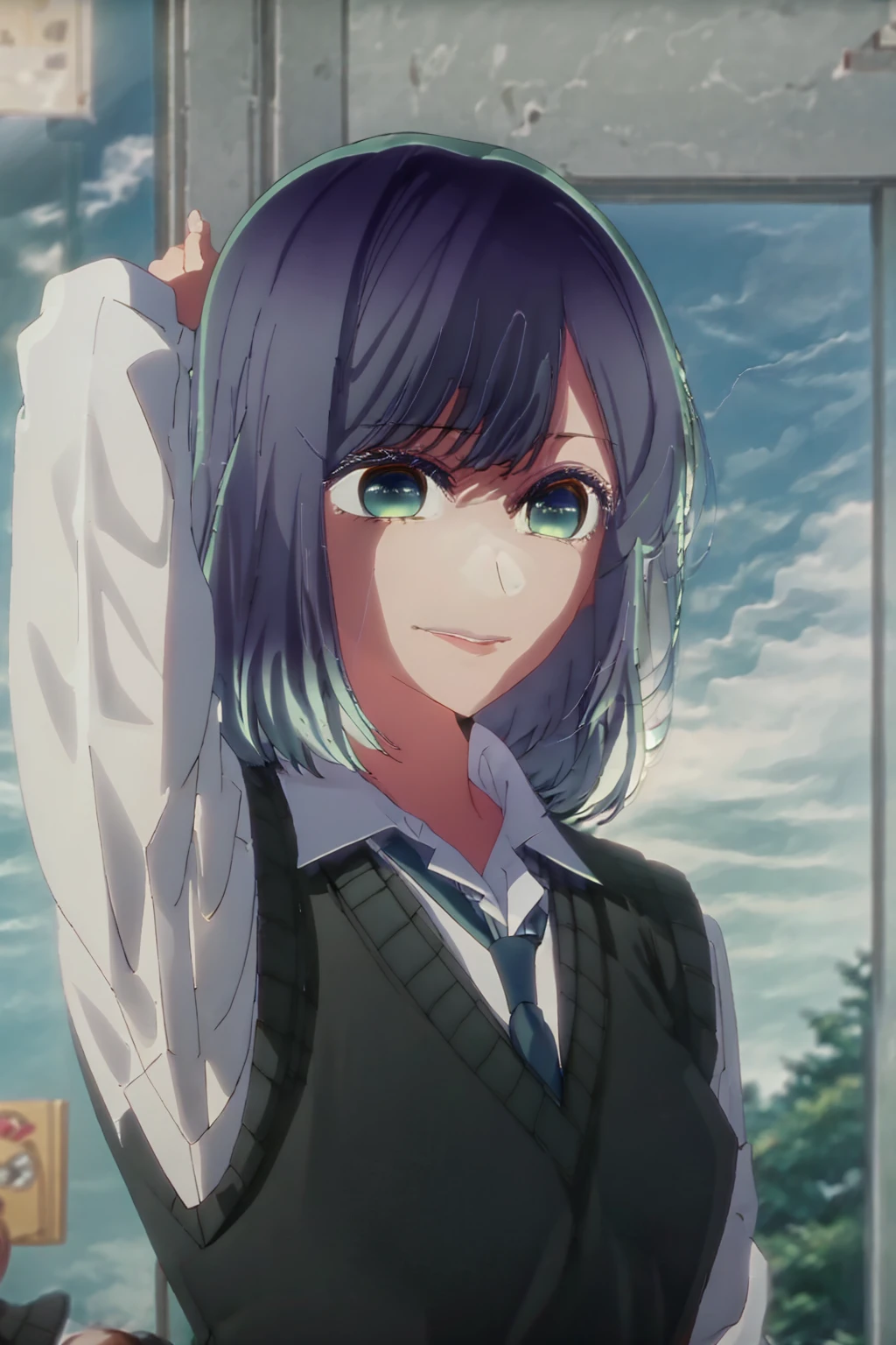 best quality, masterpiece, 1 girl, alone, beautiful, detailed eyes, shirt, blue tie, blue hair, white shirt, long sleeves, medium hair, collared shirt, vest, indoors, , bangs, vest, closed mouth , smile, green eyes, multicolored hair, black vest, short hair, faded hair, blue eyes, skirt, cable car, inside the cable car