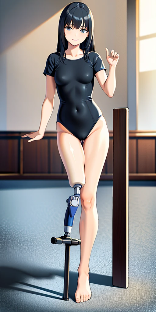 best quality, 1girl, solo, standing, school hall, medium hair, black hair, straight hair, looking at her prosthetic leg, small breasts, (prosthetic leg:1.2), full body, smiling, swimming suit, leotard, dark blue leotard, black blue swimming suit, barefoot.