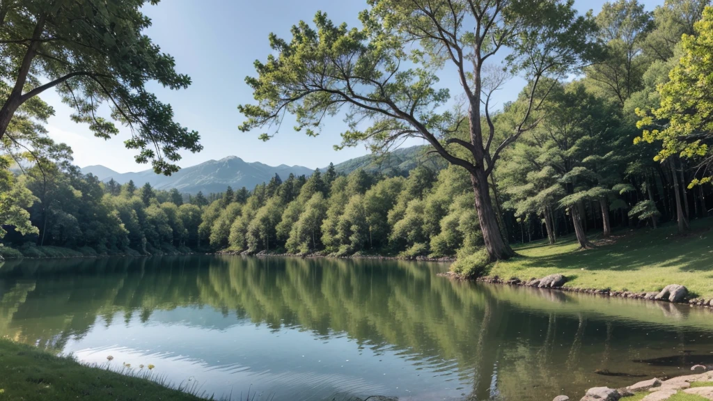 landscape with tree with white flowers and lake