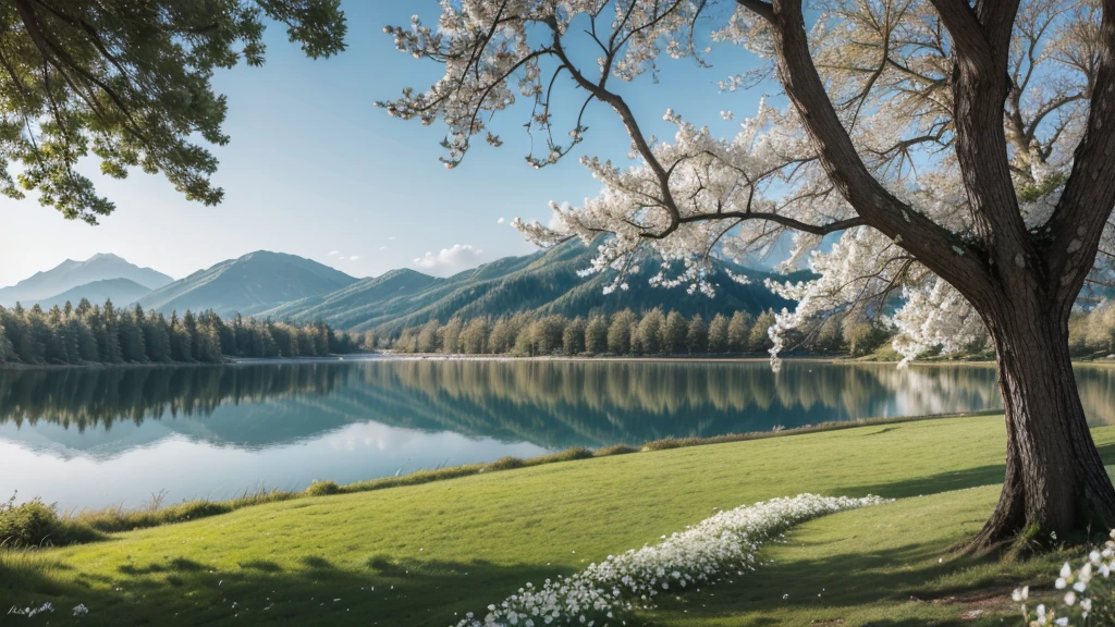 landscape with tree with white flowers and lake