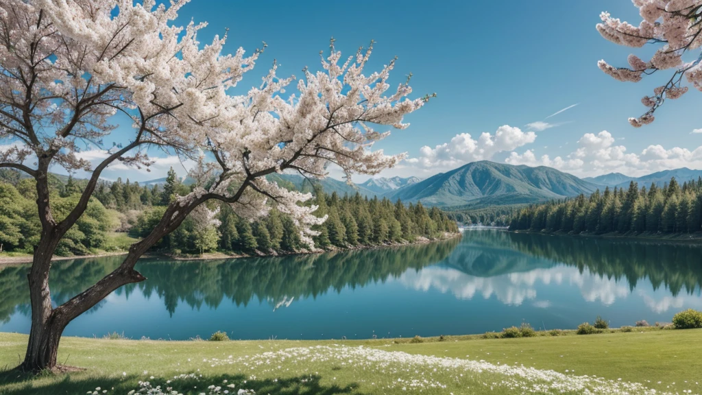 landscape with tree with white flowers and lake