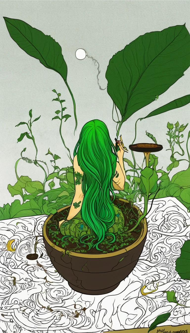 divine beautiful dlyad girl, long green hair, large breasts, fantasy, she is holding a cigarette, excellent lighting, excellent anatomy, leaves, weeds, sprouts, trees, soil, ethereality, fantasy card game frame, psychedelic, psychedelic delusion, 2d Gauche hand drawn painting, masterpiece 