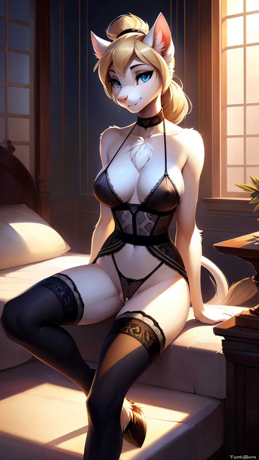 uploaded on e621, by Bayard Wu, by Thomas Benjamin Kennington, by Einshelm, solo anthro, ((Portrait)), ((Wear a sexy cow lace dress)), (black and white lingerie), (cow print), (stylish stockings, transparent stockings), (detailed Bonifasko lighting), (Detailed fur), (detailed skin), (Cinematic lighting), ((Detailed background, cozy bedroom)), (half body shadow), [ambient light on the belly], [explict content], [sharp-focus], (shaded), ((Masterpiece)), Solo, score_9, score_8_up,score_7_up,source_furry, Kat, Anthro furry feline girl, tall body, hourglass figure, adult female, blue eyes, silver fur, blonde hair with pony tail, (striped tail), white whiskers, pink nose, wearing elastic underwear, translucent lingerie, ((fully covered legs in stockings)), she is smiling, mouth open, looking relieved, sitting on a armchair, indoors, at hall, (nsfw:1.5), (cum on legs), lace lingerie, seductive lace, nylon fetish, best arousal, flirt, after sex, (fluffy fur:1.4), fluffy tights, fluffy chest, furry fantasy art, anthro art, commission for high res, Furry art, pov furry art, Sakimichan is beautiful, Masterpiece, Best Quality, Detailed image, Bright colors, Detailed Face, perfect lighting, Perfect shadows, Perfect eyes, focus on girl, flawless face, gorgeous body, Hourglass body, shiny body, feet focus (hooves in stockings), Fluffy, fluffy girl, Body fur, Animal nose, Playful look, half closed eyes, 1girl, full body, Detailed fur, Balanced coloring, Furry, anthro, (attractive body:1.5), looking at viewer, seductive gaze, seductive posing, perfect legs, standing, curly ankles, perfect anthro anatomy, offering, sexual innuendo