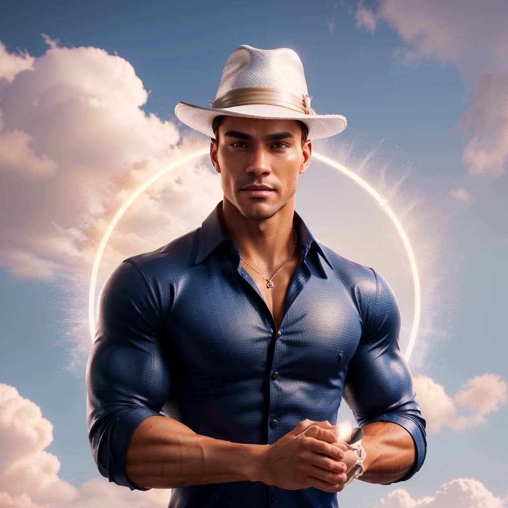 there is a man in a hat standing in front of a cloudy sky, muscle wizard, Attractive man, handsome stunning realistic, in digital illustration style, stylized digital illustration, male character, 3D 8k rendering character art, Handsome man, slim man with light tanned skin, male with halo, character with white hat, Handsome man, muscular character