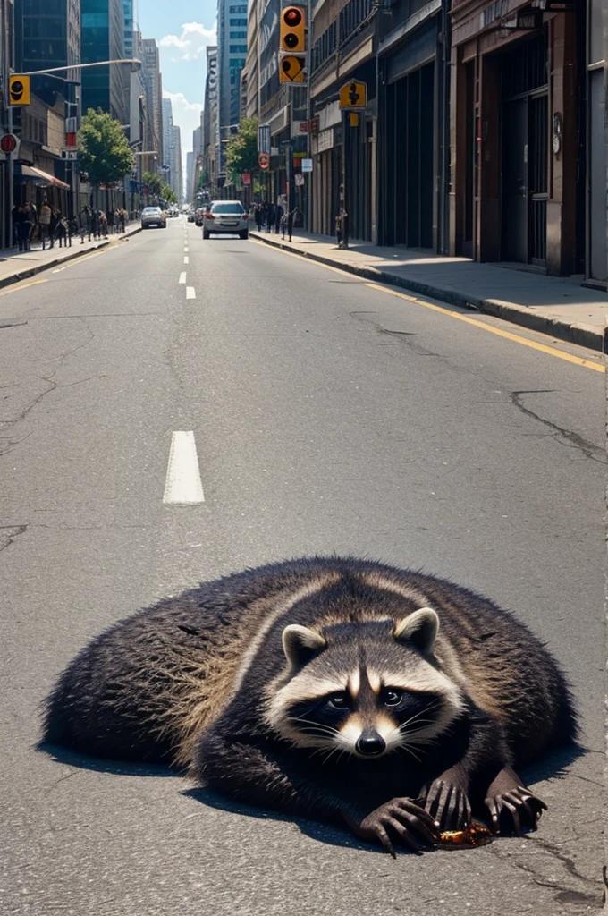 A literally melting raccoon in extreme heat on a city street with flirring heat looking like a fata morgana