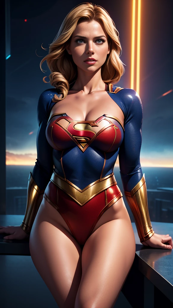 a supergirl flying in the sky, revealing micro clothing, porn parody, barley covered legs and breasts, large breasts, sensual pose, detailed face and eyes, 1girl, photorealistic, ultra-detailed, 8k, high quality, dramatic lighting, vibrant colors, cinematic composition, erotic