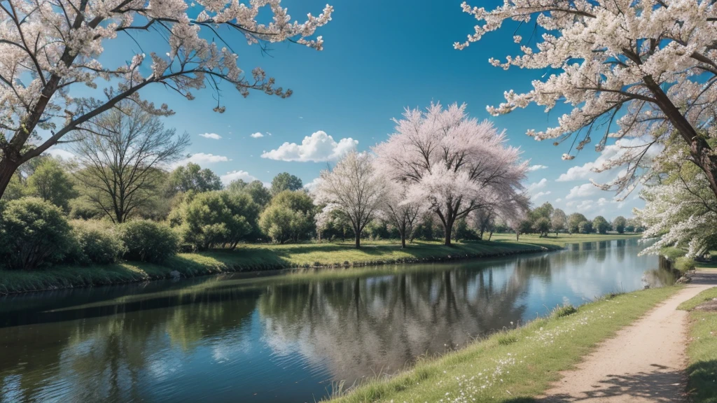 landscape with white flowering tree and river