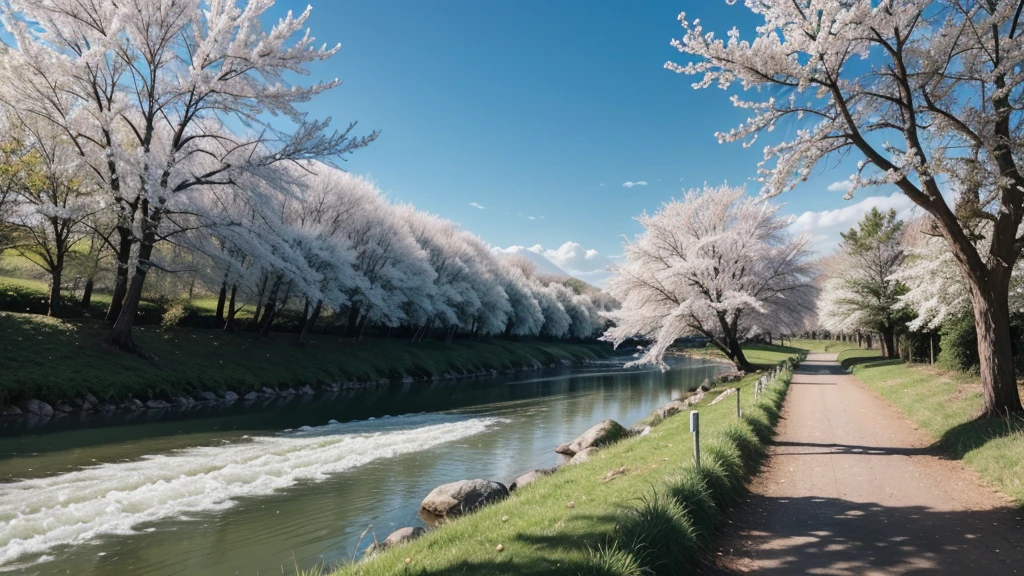 landscape with white flowering tree and river