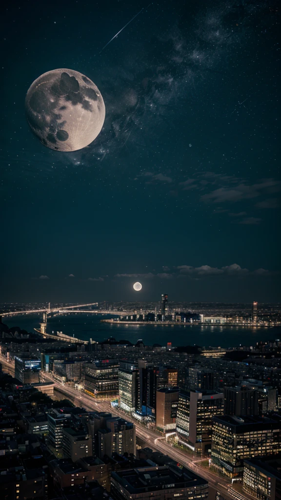 generate an image of a city at night with several buildings, a starry sky and moon