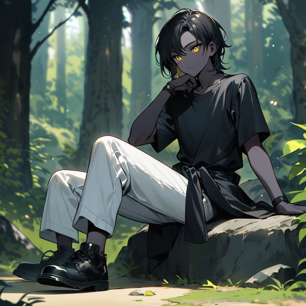 (well done: 1) man, slightly burnt black skin, shoulder-length wavy black hair, yellow eyes, black t-shirt, nails painted black, white pants, blouse wrapped around the waist, black shoes.   sitting on a rock in a forest..