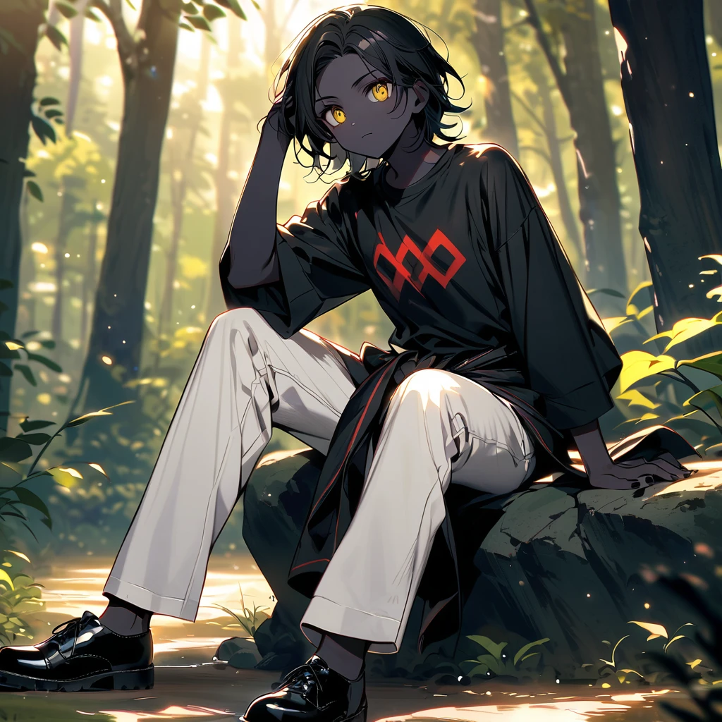 (well done: 1) man, slightly burnt black skin, shoulder-length wavy black hair, yellow eyes, black t-shirt, nails painted black, white pants, blouse wrapped around the waist, black shoes. sitting on a rock in a forest..