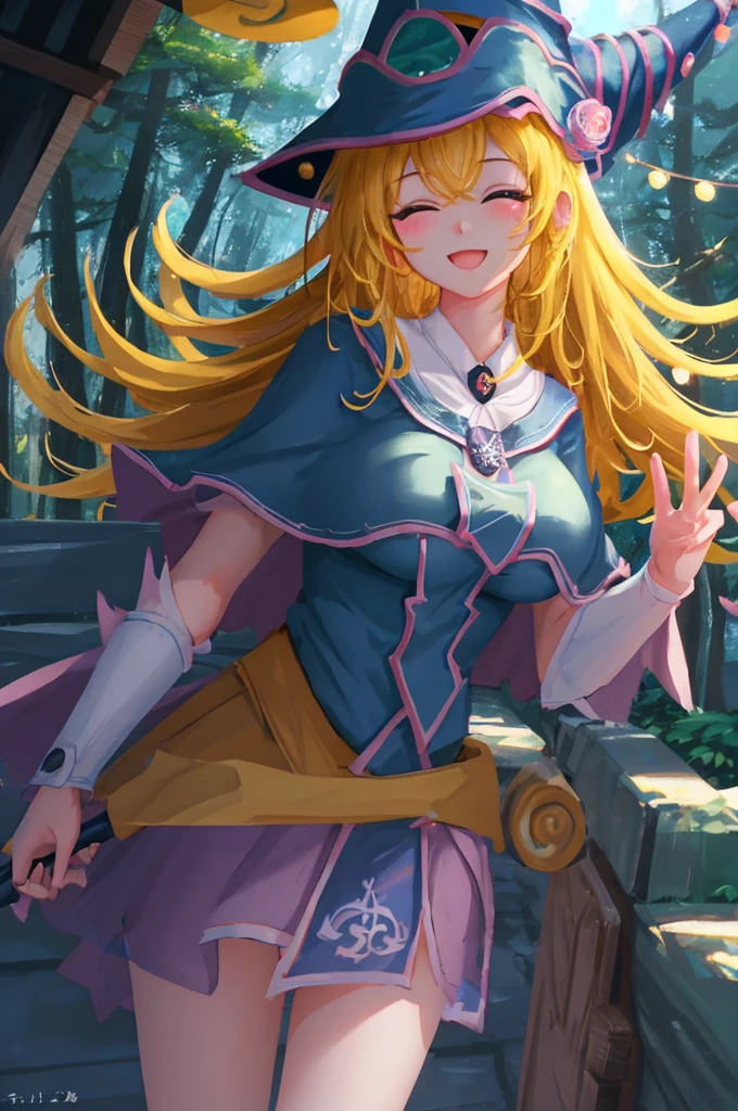 Chica herself、Estilo MKSKS、(very detailed background:1.0)、(very detailed background:1.0)、masterpiece、premium、(1 girl)、Alone、(The forest)、long hair、a blonde、blue hats、Wizard hat、spell casting、natural、The tree々:1.2、motion blur、magic、(rays of moonlight:1.2)、chromatic aberration、Depth of fields、soft lighting、Extra detailed face、extremely detailed eye、SMILE、big breasts、overexposed、shines in the background、
