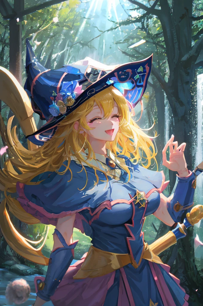 Chica herself、Estilo MKSKS、(very detailed background:1.0)、(very detailed background:1.0)、masterpiece、premium、(1 girl)、Alone、(The forest)、long hair、a blonde、blue hats、Wizard hat、spell casting、natural、The tree々:1.2、motion blur、magic、(rays of moonlight:1.2)、chromatic aberration、Depth of fields、soft lighting、Extra detailed face、extremely detailed eye、SMILE、big breasts、overexposed、shines in the background、