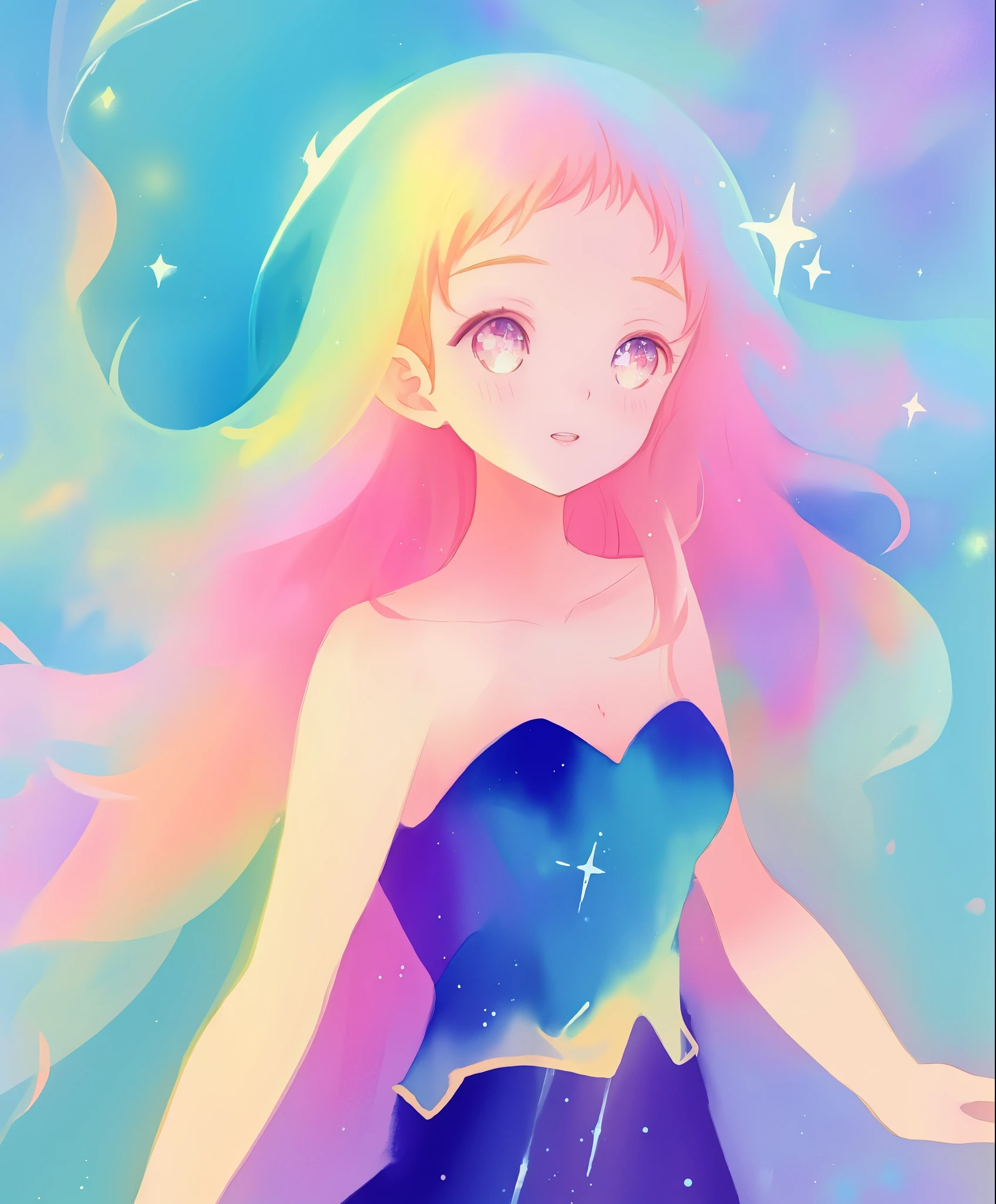 beautiful anime girl in colorful ballgown, ((sparkling)), vibrant pastel colors, flowing colorful liquid hair, Lois van Baarle, Glen Keane, jen bartel, fantasia background, beautiful face, ((masterpiece, best quality)), highly detailed, liquid watercolor