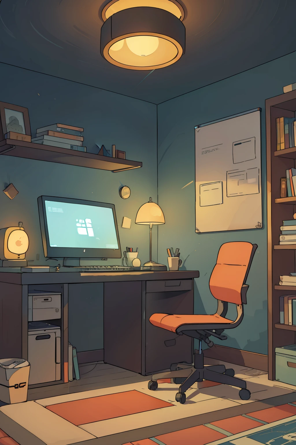 Room Cartoon with No One: This 16:9 aspect ratio digital artwork depicts an empty, cozy room bathed in the soft glow of a single computer screen. The room's cartoonish style is characterized by vibrant colors and clean lines, emphasizing the simple yet inviting ambiance. The computer, the focus of the scene, is a sleek, circular device with a glowing screen, casting a warm radiance upon the cold night. The computer desk is cluttered with books, notes, and a steaming cup of cocoa, hinting at a long night of dedicated studying. The room's walls, adorned with posters of futuristic cities and abstract art,