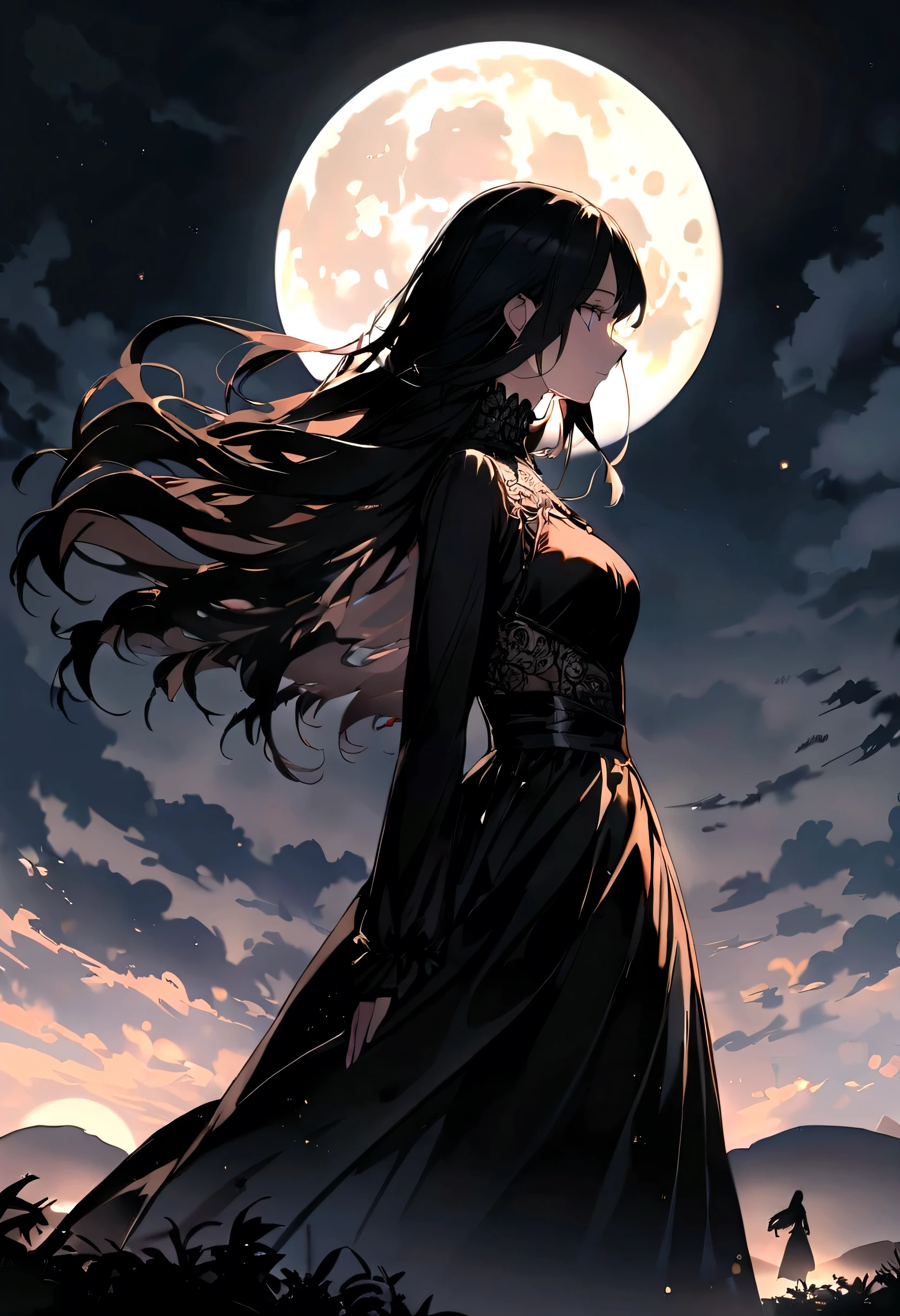 masterpiece, Highest quality, night, hill, , full moon, Long Hair, woman, silhouette, Fantasy profile.