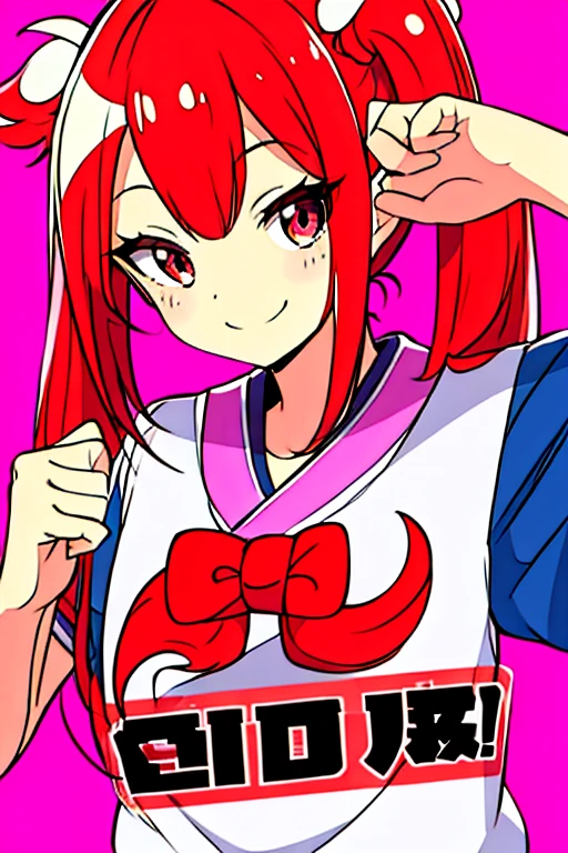 smile, wink, twin tail, red hair