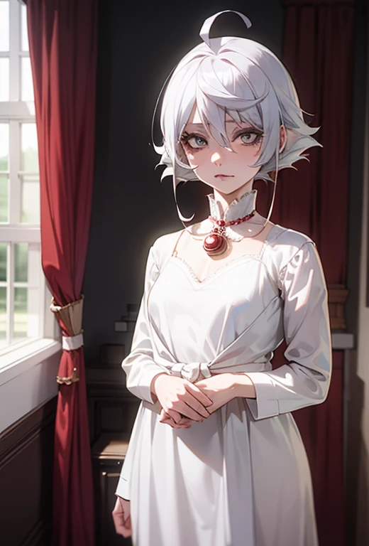 There is a woman in a white dress with a red rose in her hair, anime Disguise, anime girl Disguise, Disguise photo, Anime style mixed with Fujifilm, White-haired, Beautiful Kitson woman, Disguiseer, White cat girl, Silver hair girl, Anime girl in real life, Disguise, White hem haircut