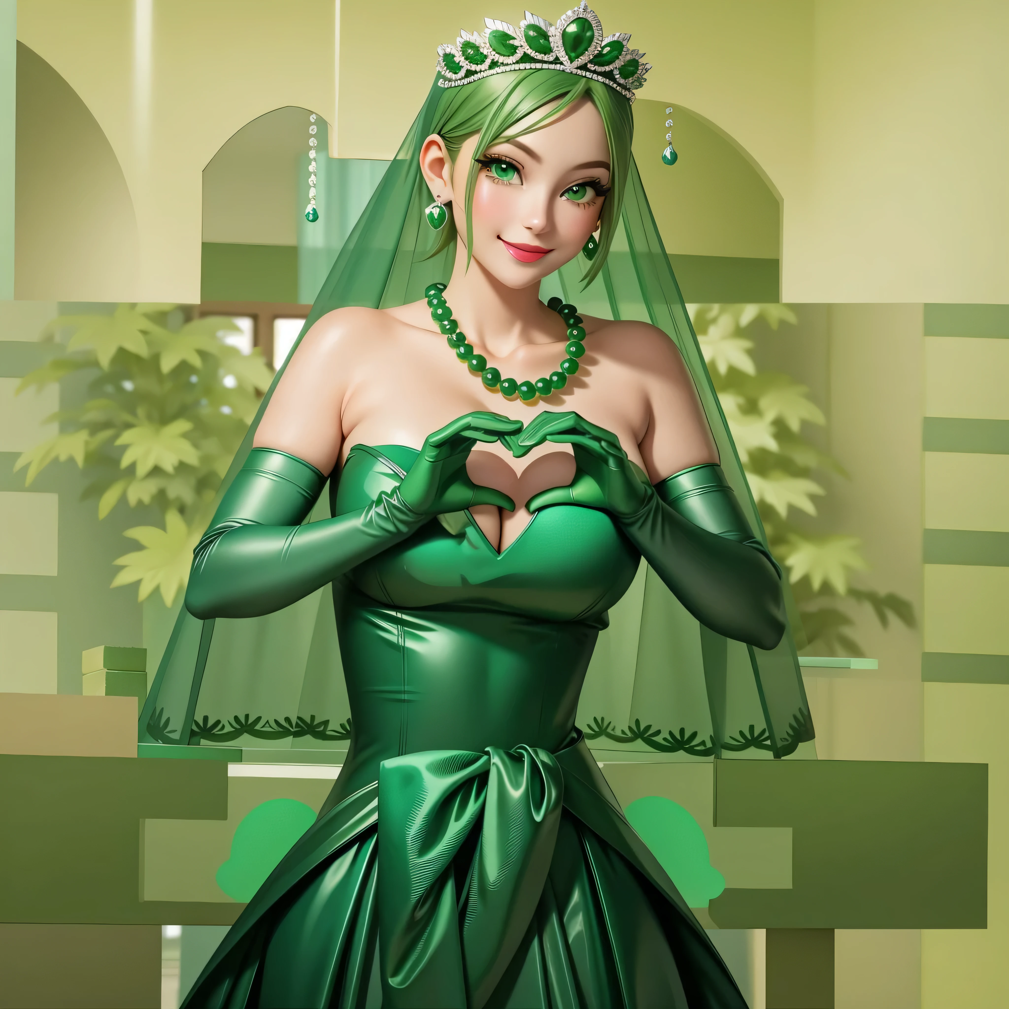 emerald tiara, Green Pearl Necklace, Boyish very short green hair, Green Lips, Smiling Japanese woman, Very short hair, Busty beautiful lady, Green Eyes, Green satin long gloves, Green Eyes, Emerald Earrings, Green veil, Heart with both hands, Green Hair, Beautiful Japanese Woman, Heart shaped hands:1.3, green lip gloss