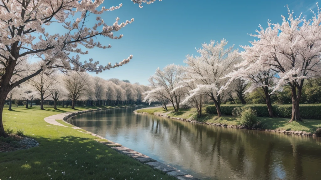 landscape with white flowering tree and river