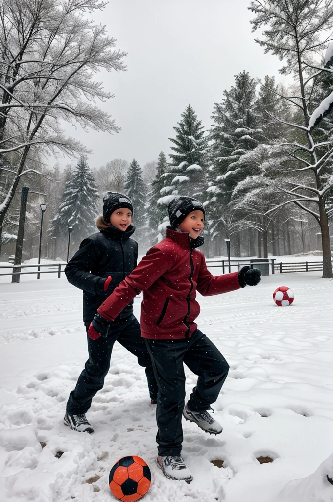 Snow falling and kids playing football