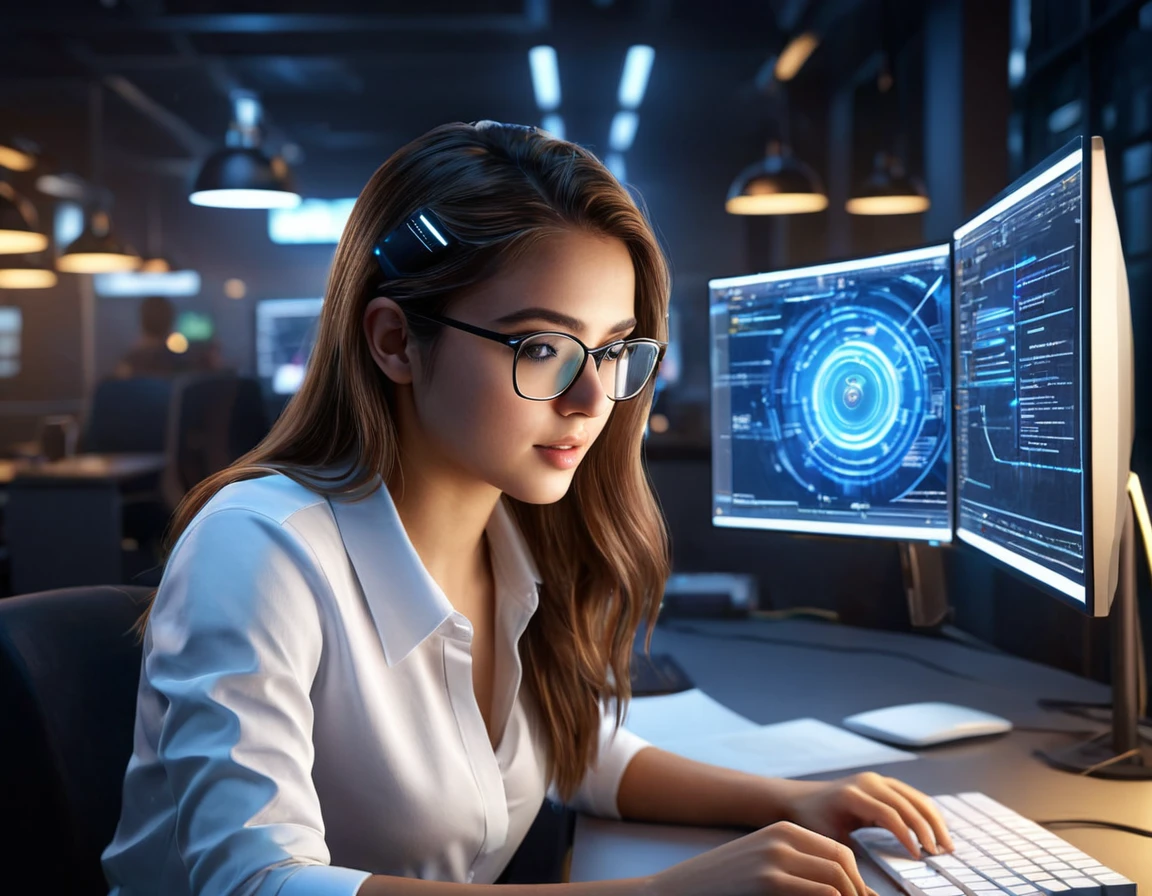 Generate a photorealistic 3D rendering of a nerdy, beautiful, and sexy 20-year-old female. She's passionately coding in C3, creating a highly detailed database to house AI prompts. The scene should exude professionalism and dedication, with realistic lighting and a hyper-detailed environment. Ensure the image is in 8K resolution, with HDR effects, and showcases her in a hyperrealistic manner. Utilize Unreal Engine v5 for the rendering, and make the coding process and database creation visually engaging, reflecting her expertise.