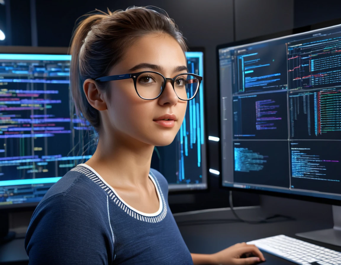 Generate a photorealistic 3D rendering of a nerdy, beautiful, and sexy 20-year-old female. She's passionately coding in C3, creating a highly detailed database to house AI prompts. The scene should exude professionalism and dedication, with realistic lighting and a hyper-detailed environment. Ensure the image is in 8K resolution, with HDR effects, and showcases her in a hyperrealistic manner. Utilize Unreal Engine v5 for the rendering, and make the coding process and database creation visually engaging, reflecting her expertise.